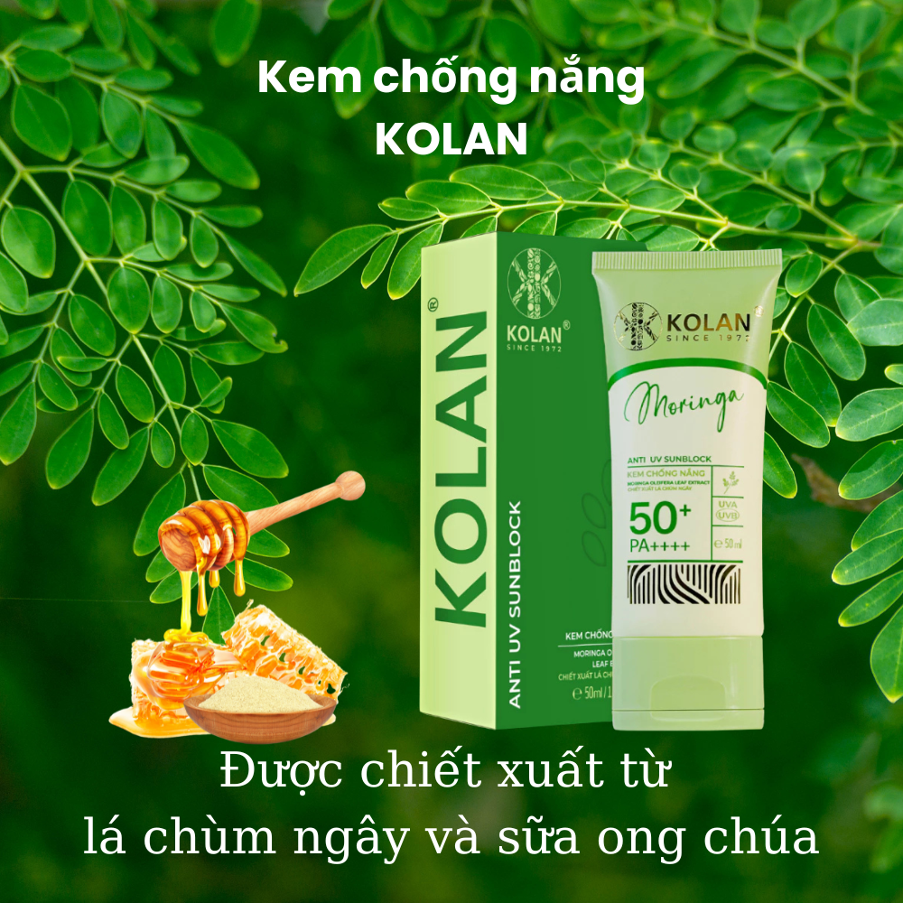 Thành phần chiết xuất lá chùm ngây và sữa ong chúa trong kem chống nắng Kolan